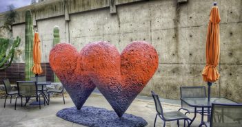 Palm Springs Indulges The Senses Palm Springs, Heart sculptures at the Palm Springs Art Museum patio, Palm Springs indulges the Senses.