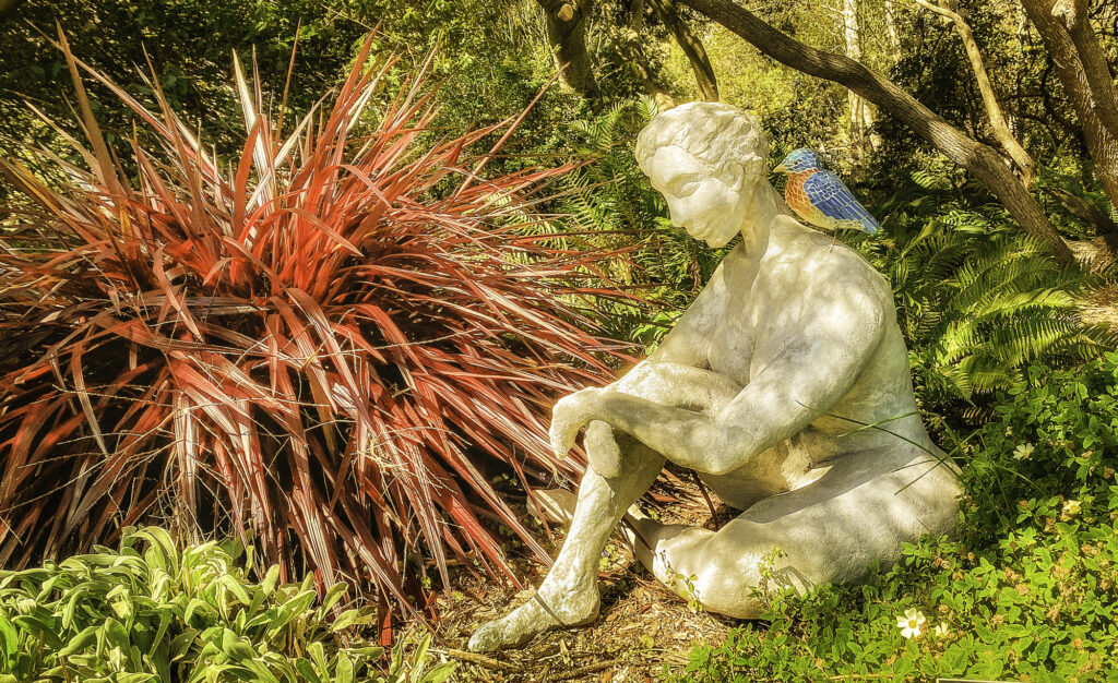 Sculpture Garden.Artist Eileen Fitz-Faulkner. "A Little Bird Told Me. Mendocino County Botanical Gardens. 