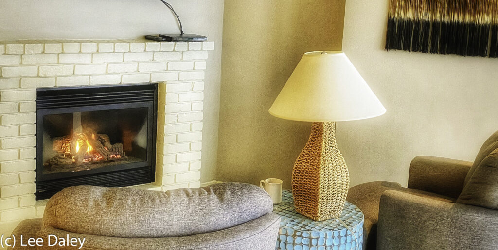 Fireplace seating in Alice Abbot suite at Little River Inn, Mendocino, CA